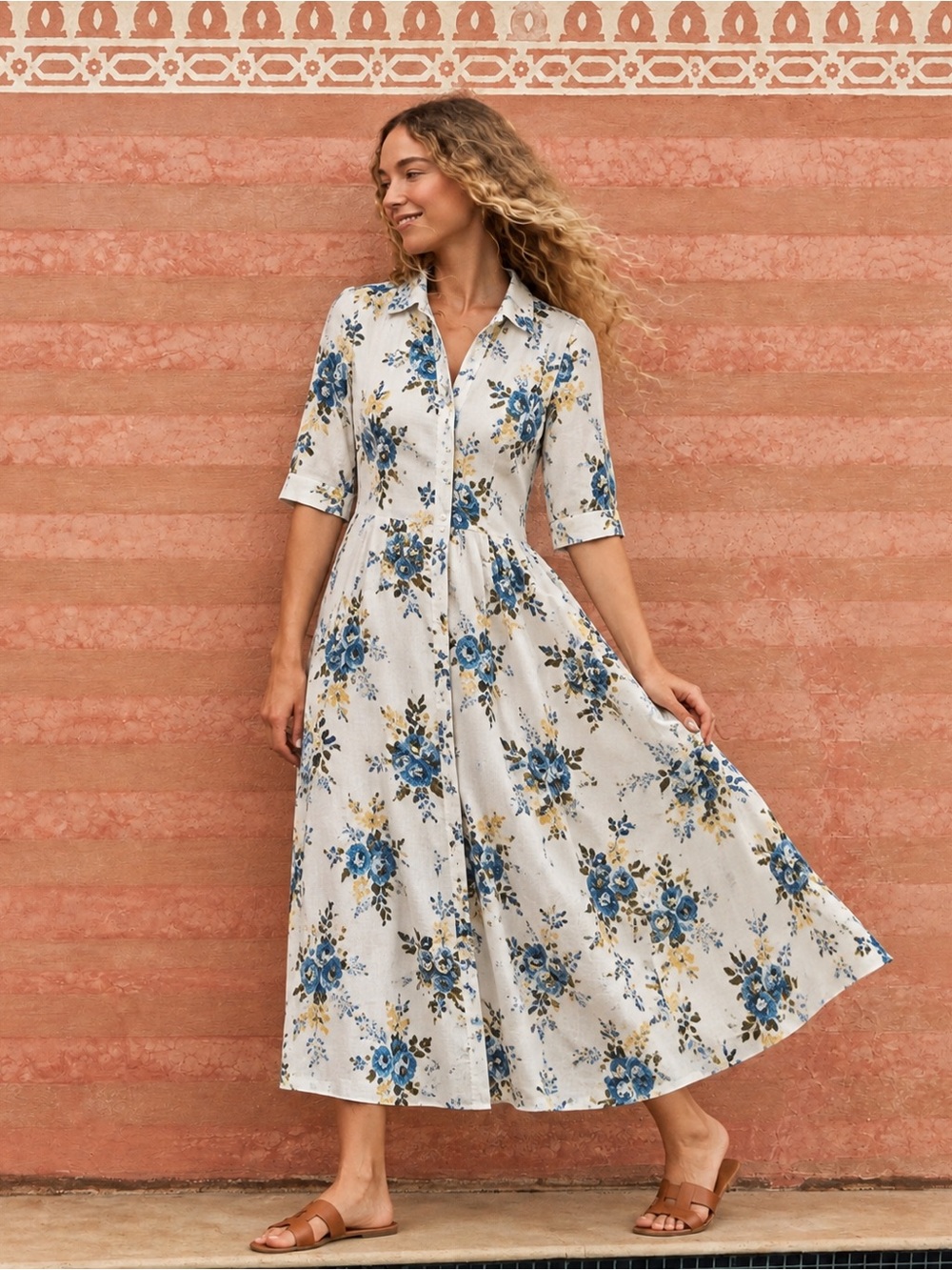 Laura Ashley NWT Linen Blend Floral Button Front Midi Shirt Dress M